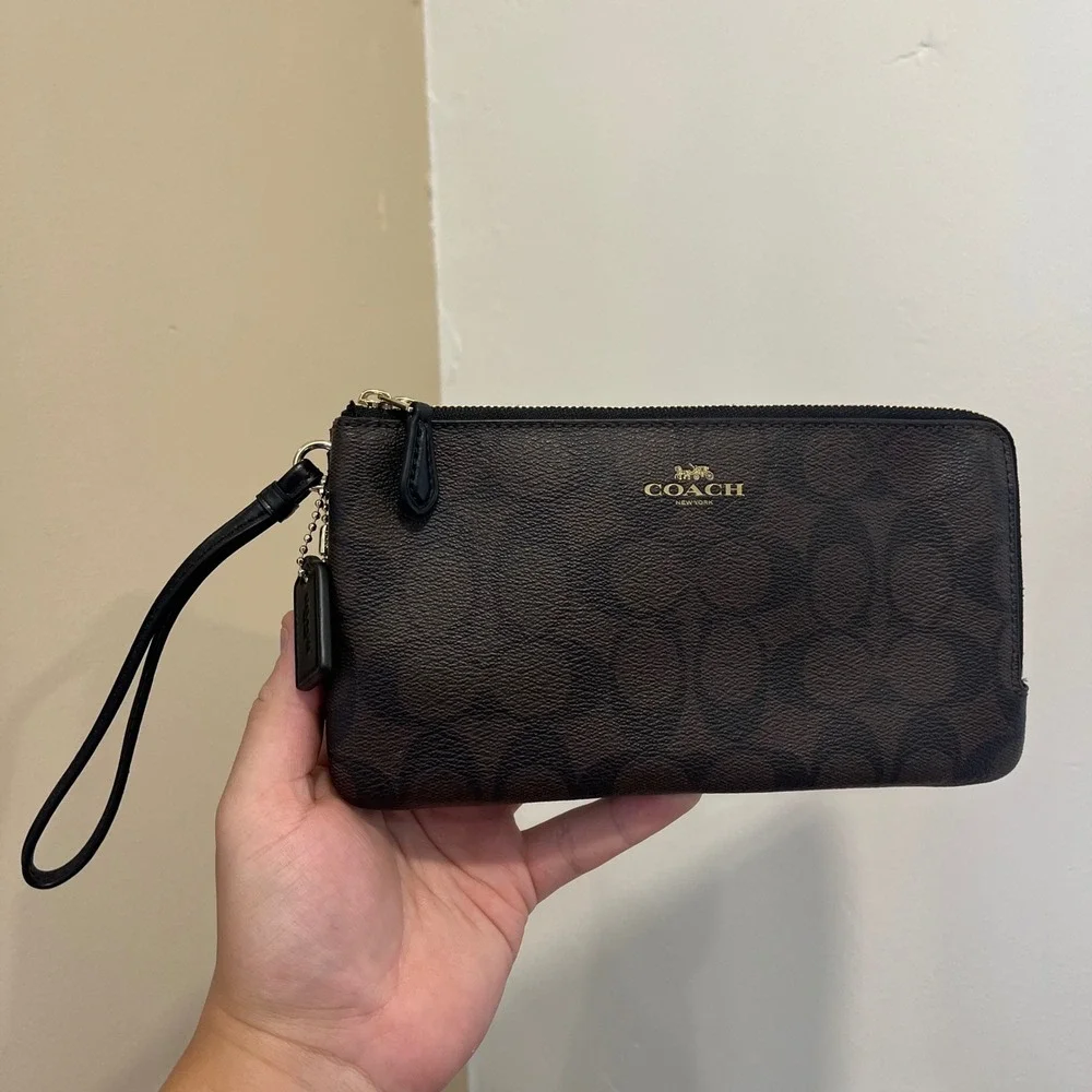 Coach Double Zip Wristlet in Signature Canvas Brown Black F54057